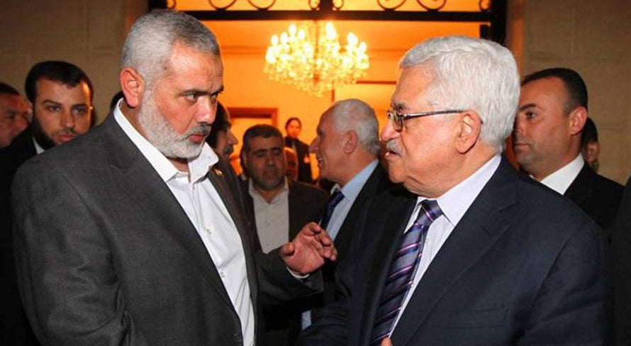 Palestinian President Mahmoud Abbas (right) with Hamas leader Ismail Haniyeh during a meeting between Fatah and Hamas in Cairo, Egypt, on 23 February, 2012 / Photo HH
